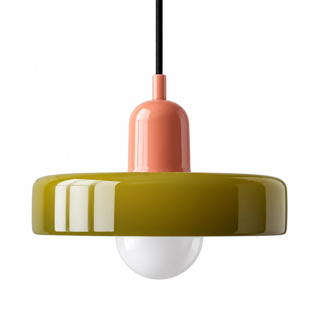 Suspension Eira en verre cannelé, vue frontale en duo rose et vert