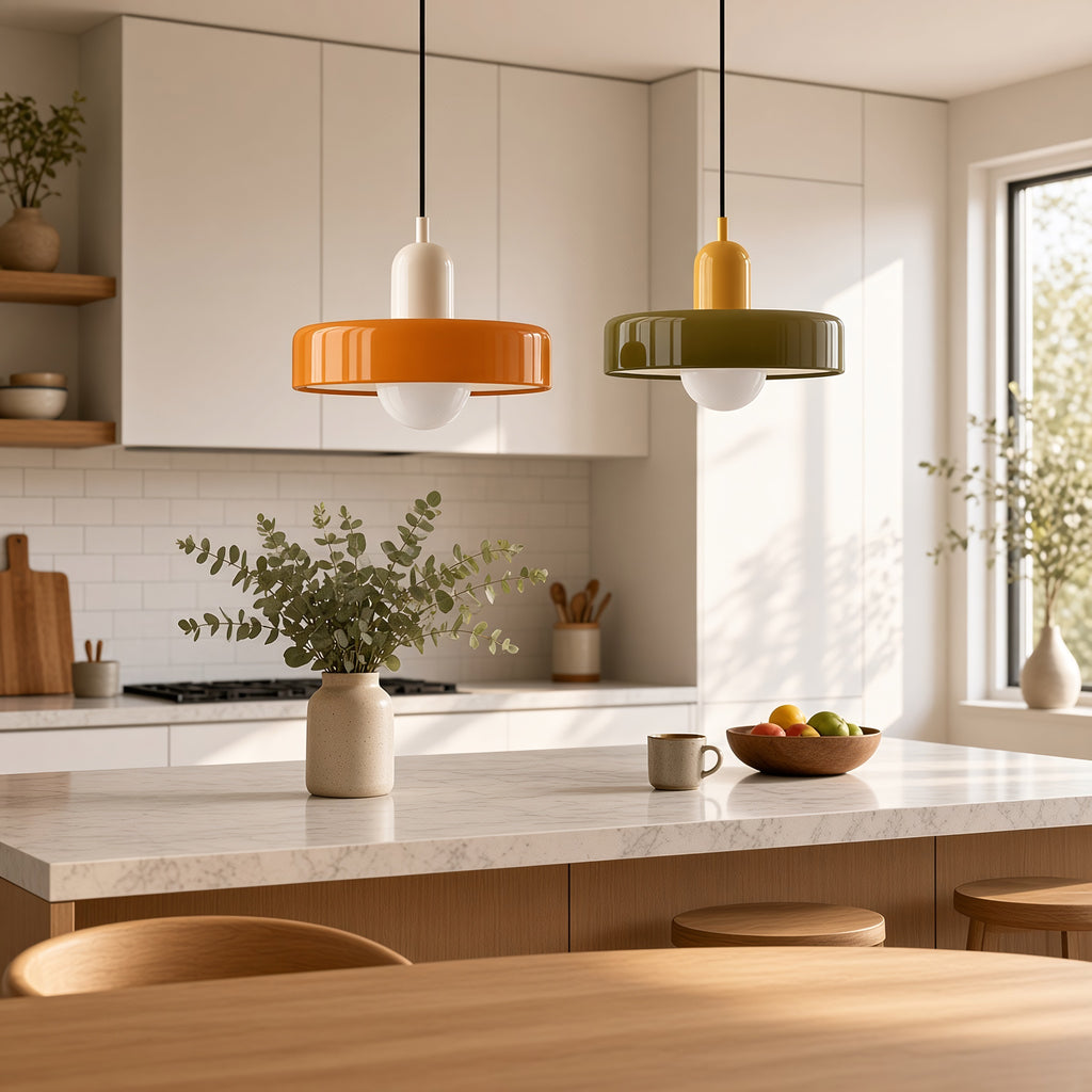 Deux suspensions Eira en verre coloré au-dessus d'un îlot de cuisine scandinave