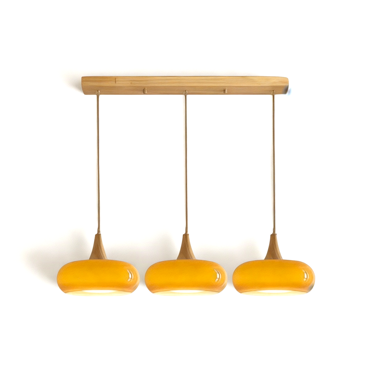 Suspension Design en Bois Luma, 3 lampes en ligne, orange