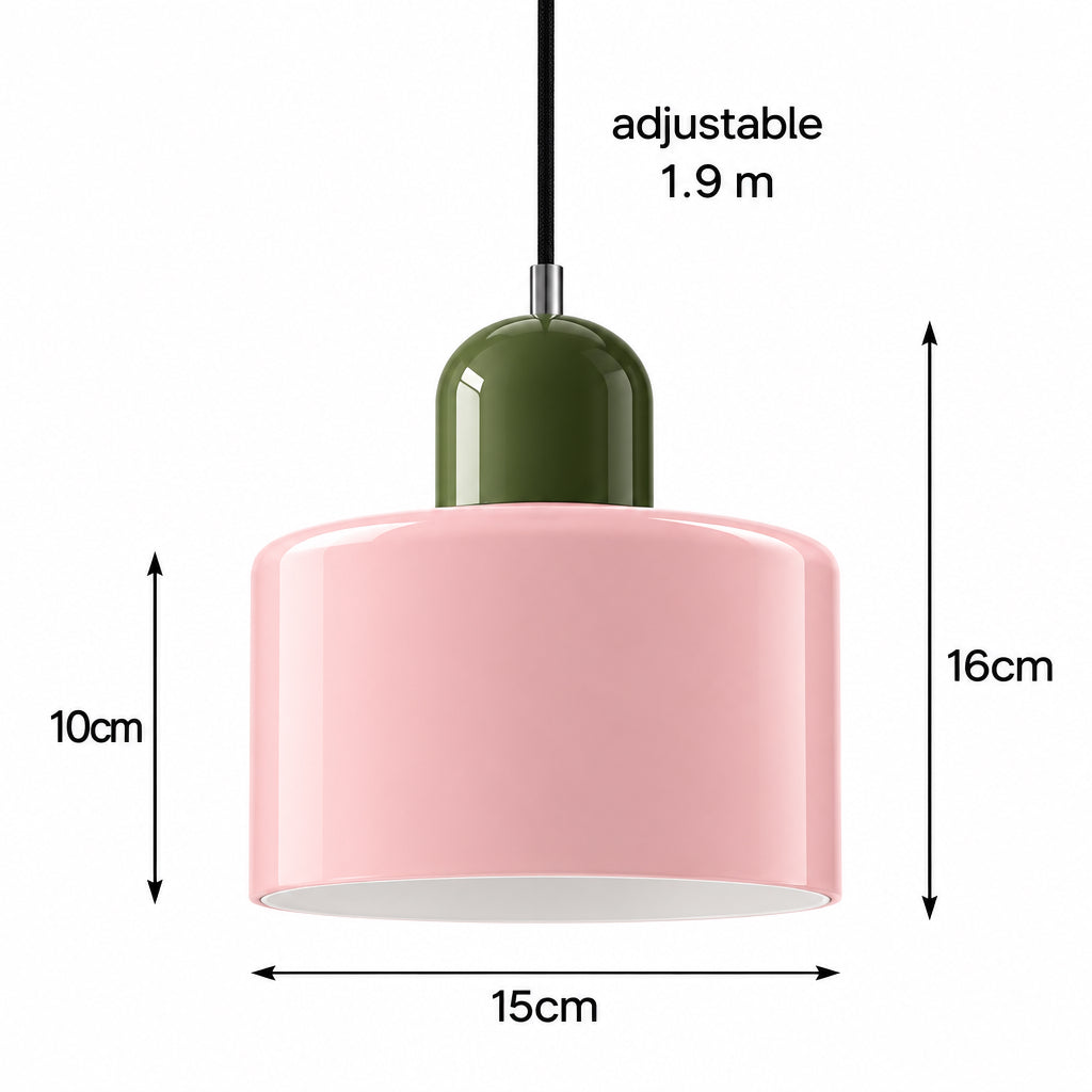Dimensions de la suspension Mira : diamètre 15 cm, hauteur totale 16 cm, abat-jour 10 cm et câble réglable jusqu’à 1,9 m