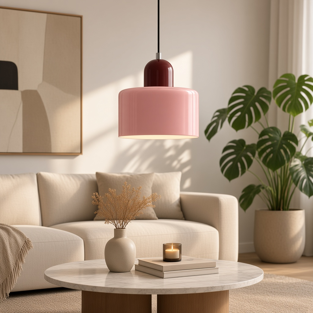 Suspension Mira rose et bordeaux dans un salon lumineux