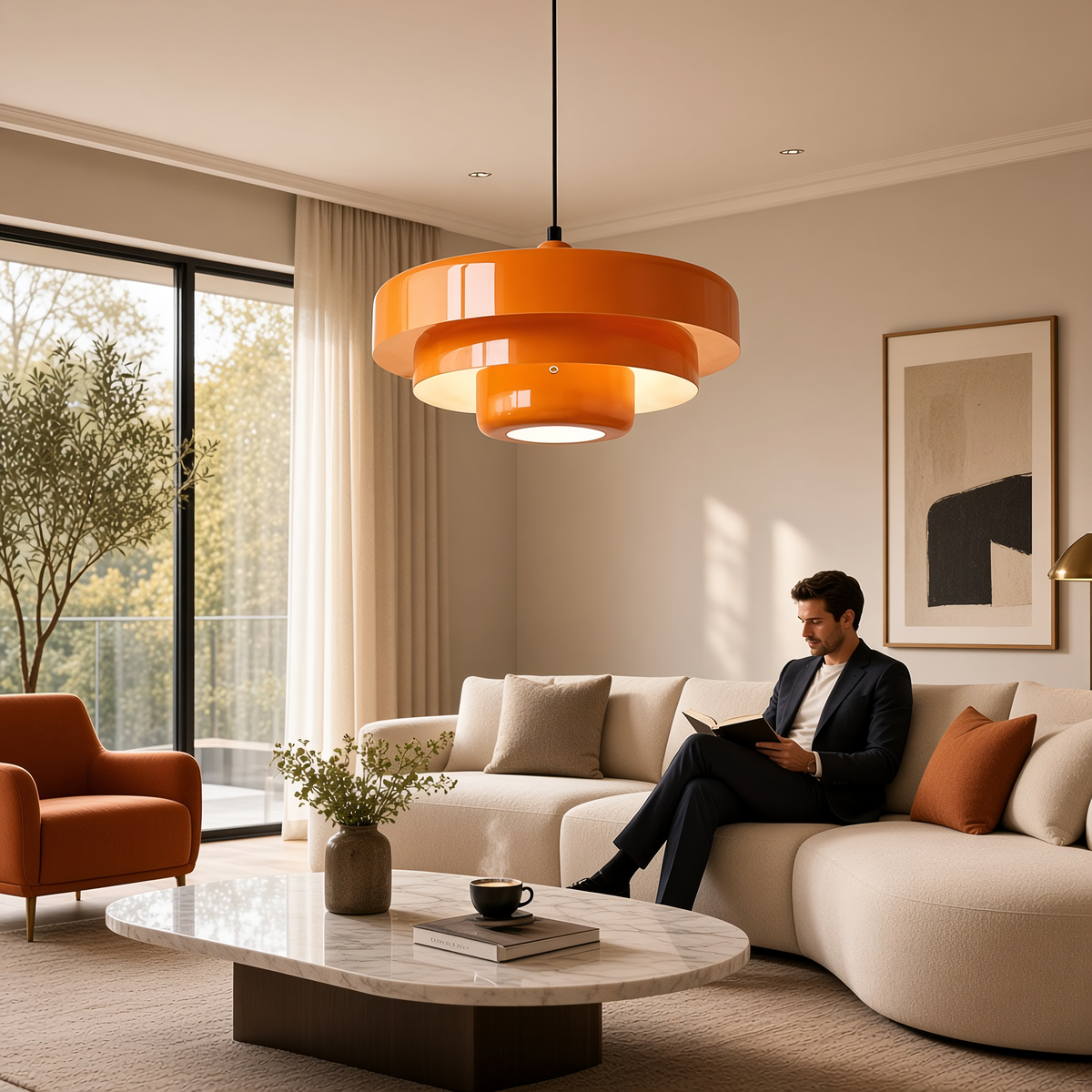 Suspension Noma orange dans un salon