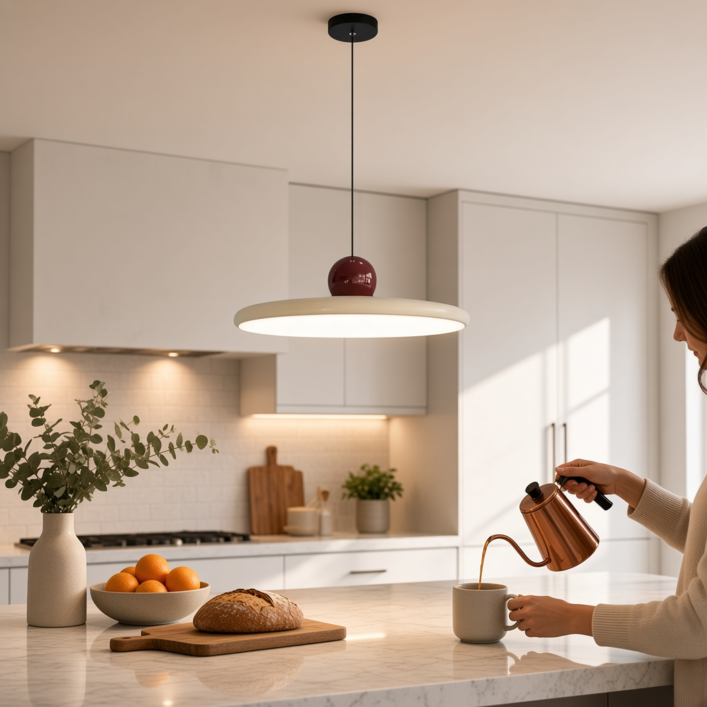 Suspension Tova beige au-dessus d’un îlot de cuisine