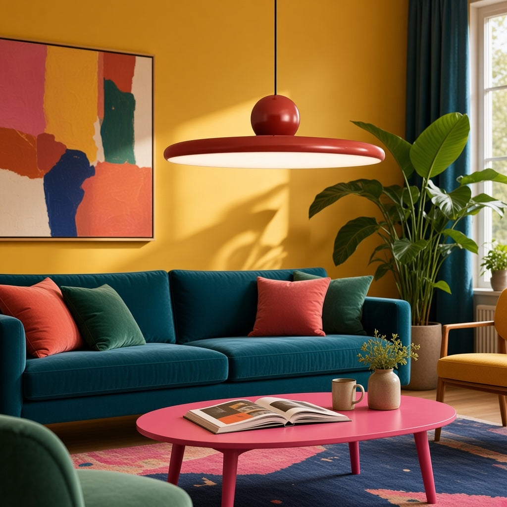 Suspension Tova rouge installée dans un salon scandinave
