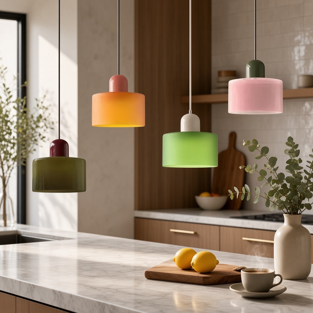 Suspensions Mira colorées dans une cuisine lumineuse